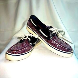 Sperry Top‎ Sider 2-eye Navy Red Polka Dots Clear Sequins Boat Shoes Sz 8 EUC